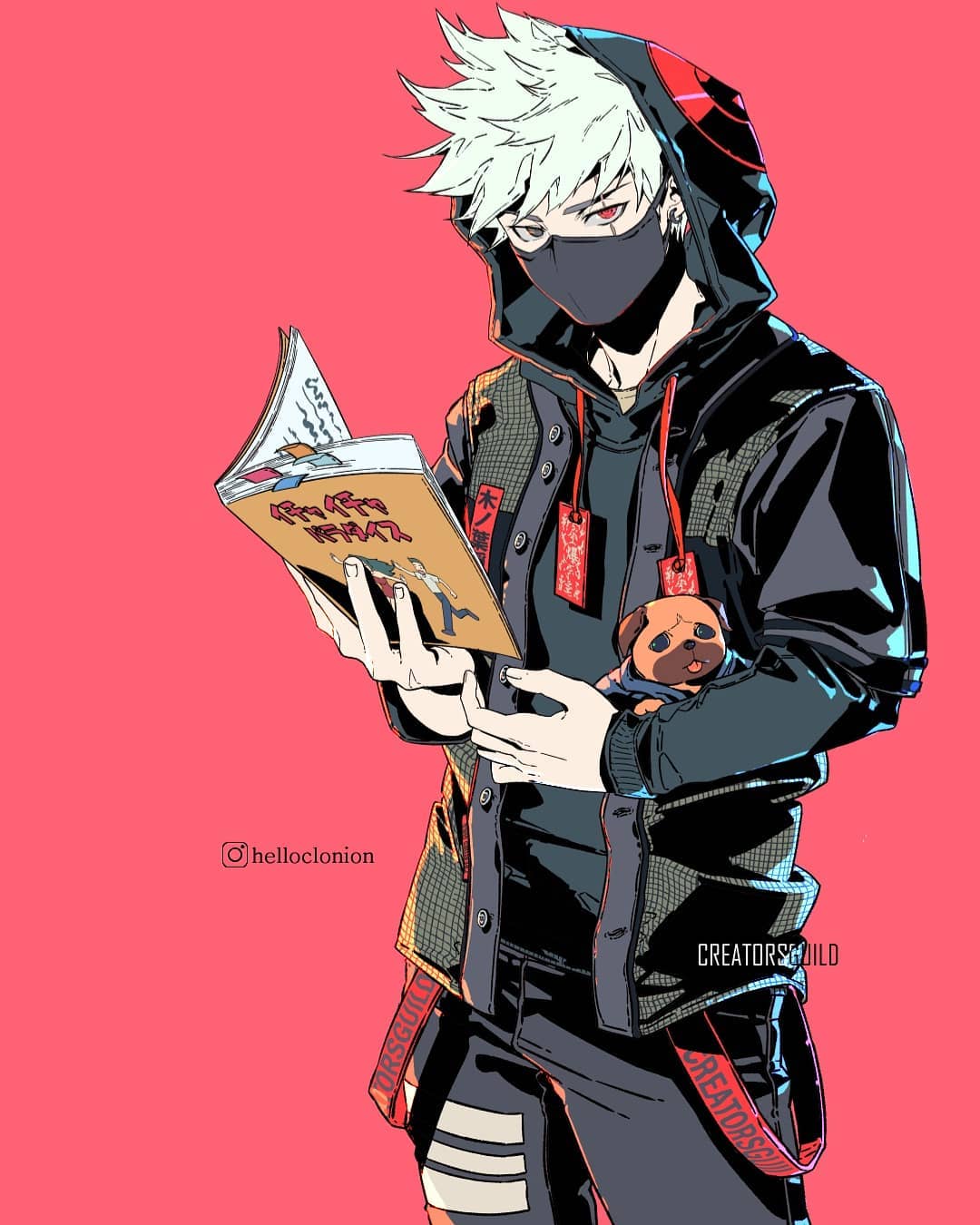 the image is a stylized digital drawing of an animestyle male character. he has spiky white hair, is wearing a black hoodie with red accents, a black face mask, and streetwearinspired clothing. he's holding and seemingly reading a mangastyle book. a small, light brown puppy is visible nestled close to him. the background is a solid, bright pink. the art style is bold and graphic, with strong lines and vibrant colors.  a watermark for "creatorsguild" and "helloclonion" is visible in the image. the overall aesthetic is modern and trendy.