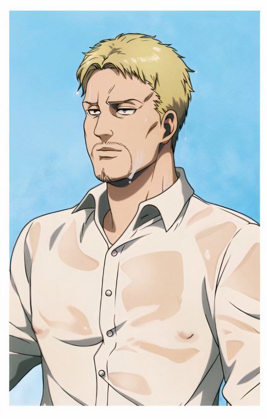 this is an animestyle illustration of a man with short blond hair and stubble. he is sweating and his white shirt is clinging to his chest, suggesting a hot day. the background is a plain light blue.