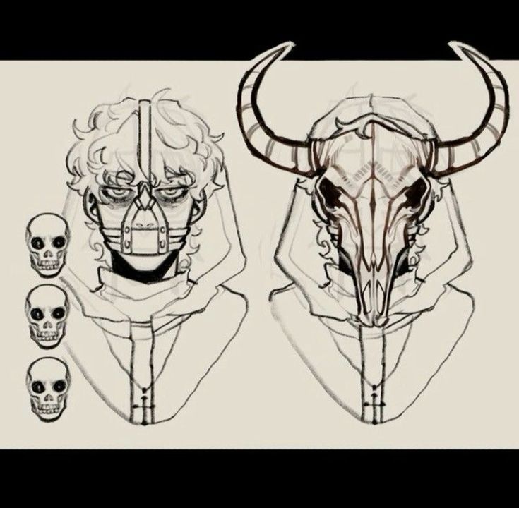 the image is a digital illustration of two character designs, positioned sidebyside. both characters appear to be male, with short, tousled hair and are styled with hoodies drawn from the shoulders up. each character wears a unique mask. the character on the left has a mask resembling a muzzle with a skull motif above it, presented in three sizes. the character on the right wears a more elaborate mask resembling a bull's skull with large horns. the artwork is presented in a sketchlike style with black outlines against a white background, creating a sense of rawness and work in progress. there's a deliberate contrast between the simple, almost clinical muzzle mask and the more intricate and symbolic bull skull mask, hinting at potential contrasting personalities or roles within a story or concept.