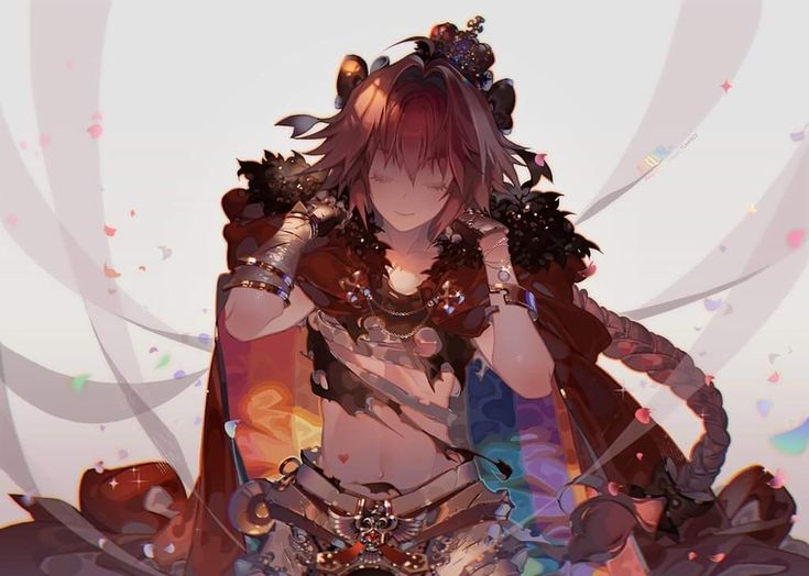 the image is a digital painting of a stylized female anime character. she has long pink hair, styled partially in a braid, and wears a complex outfit featuring a red, flowing cloak or robe with dark accents, an ornate crown, numerous pieces of jewelry, and what appears to be a partially shredded undergarment underneath, revealing her midriff. she's adorned with golden arm bands and bracelets.  her expression is serene and slightly closedeyed.  the background is a soft, light color with wisps of fabric or energy and colorful confetti, creating a celebratory atmosphere. the overall style is very painterly and expressive. the art style points towards potential inspiration from video game or anime character designs.