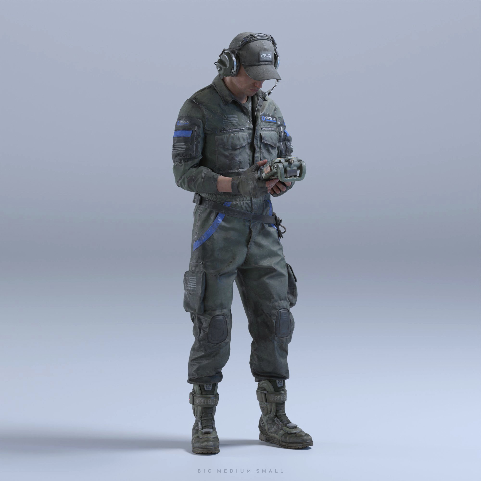 a detailed 3d rendering of a soldier in a futuristic, battleworn military jumpsuit.  the soldier is wearing a headset, cap, gloves, and tactical boots. he holds a small device in his hands, appearing to examine or manipulate it. the overall color scheme is dark green with accents of blue. the background is a simple, neutral grey. the image quality is high, showcasing realistic texturing and detailing of the uniform and equipment. the pose is a relaxed but attentive standing position.