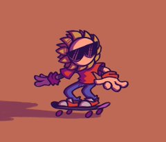 a cartoon drawing of a sunflower character wearing sunglasses, a red shirt, and blue jeans, skateboarding on a brown surface against a solid orange background. the sunflower's face is yellow, and they have a single green leaflike arm with a purple glove. the skateboard is black with gray wheels. the character is positioned slightly to the left of the center and casts a shadow to the left.
