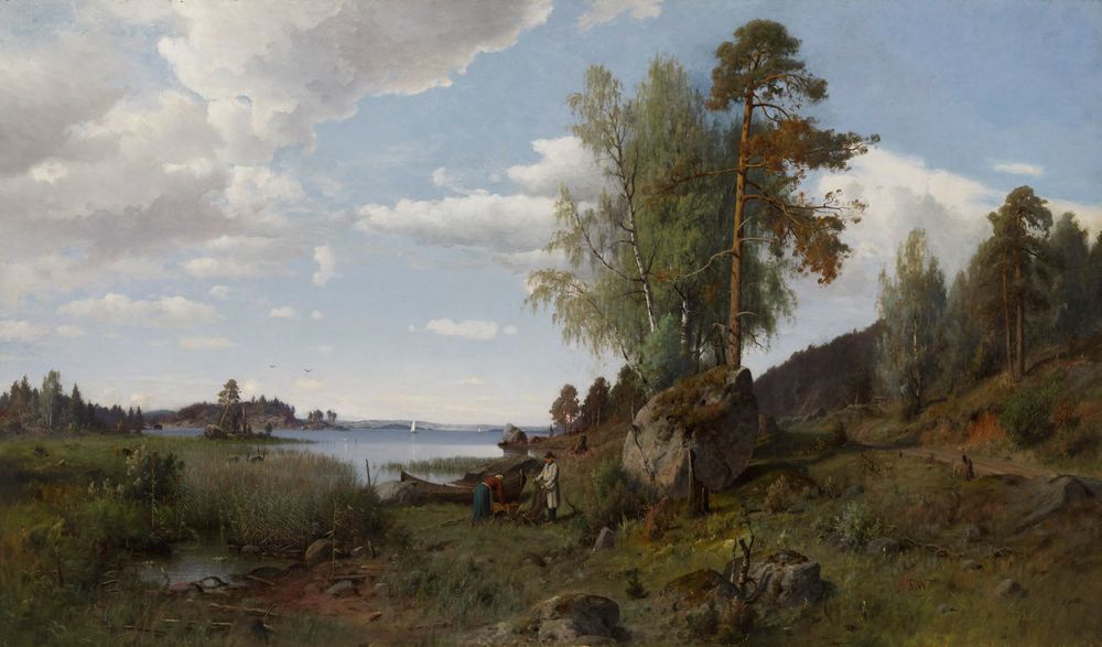 the image is a landscape painting depicting a lake scene with trees, rocks, and people. in the foreground, there's a grassy area with scattered rocks and vegetation. three people are near the shoreline by a boat. the lake stretches into the distance with small islands and a sailboat visible on the water. the sky is filled with fluffy white clouds, and the trees form a dense forest on the right side of the painting.