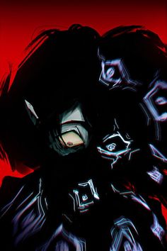 a heavily stylized digital art portrait of a person, likely a vampire. the figure is obscured by dramatic shadows and digital distortion effects, lending the image an unsettling, horrorinspired atmosphere. their eyes glow with an eerie light, further adding to the unsettling feeling.  the background is a deep red.