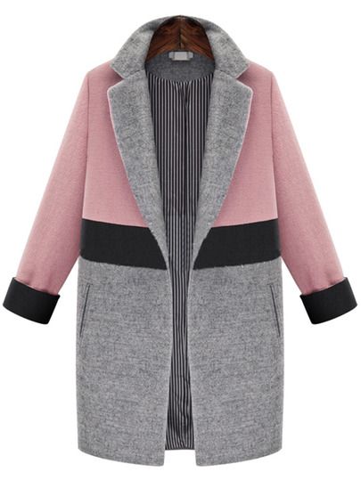a long, openfront coat with a color block design in pink, grey, and black. the upper part of the coat is pink with a grey lapel collar. a wide black band separates the pink upper from the grey lower portion. the coat has long sleeves with black cuffs and is kneelength. the lining of the coat has vertical stripes.