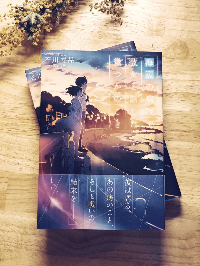 two copies of the japanese light novel "umibe no kanojo" by hirohito ishikawa are stacked on a wooden surface. the top cover features an illustration of a man and a woman standing on a seaside road at dusk, with the setting sun in the background.  a sprig of yellow flowers is partially visible in the top left corner.
