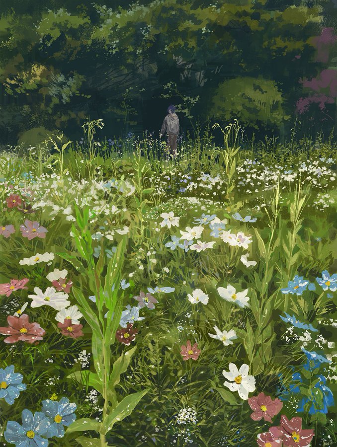 a man walks through a field of flowers. the painting has a soft, natural light and a serene atmosphere. the colors are muted and calming, with a focus on greens, blues, and pinks. the man is small in the frame, emphasizing the vastness of nature and the sense of peace and solitude.