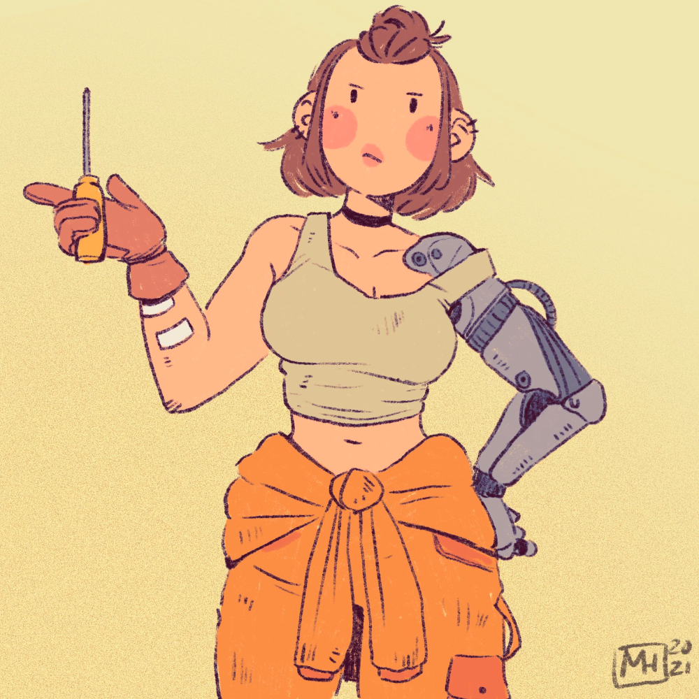 a cartoon drawing of a woman with a robotic arm holding a screwdriver. she's wearing a cropped tank top, baggy orange overalls and work gloves. her hair is tied in a messy bun and she has a bandaid on her upper arm. she appears to be a mechanic of some kind. the background is a solid pale yellow and the entire piece has exaggerated proportions and anatomy.