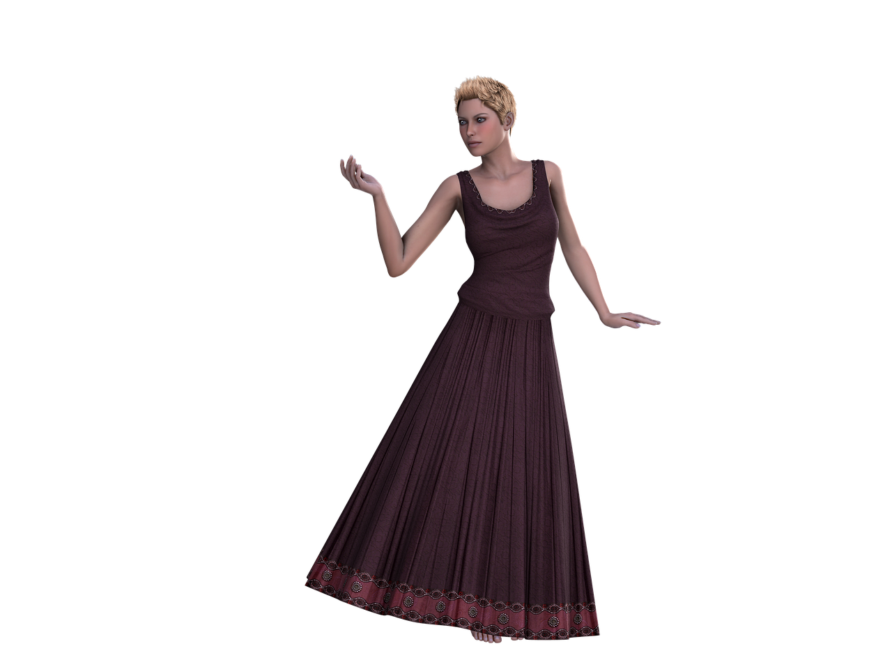 a digital art image shows a woman standing on a black background. she has short blonde hair and is wearing a dark purple, anklelength dress with a decorative border. she has one hand raised and is looking toward it.