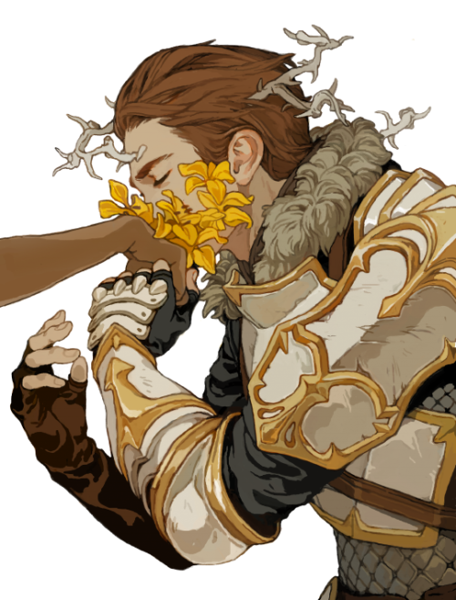a fantasy art depiction of a man in armor with fur trim, wearing a wreath of branches, being kissed on the hand. yellow flowers are blooming near the hand.