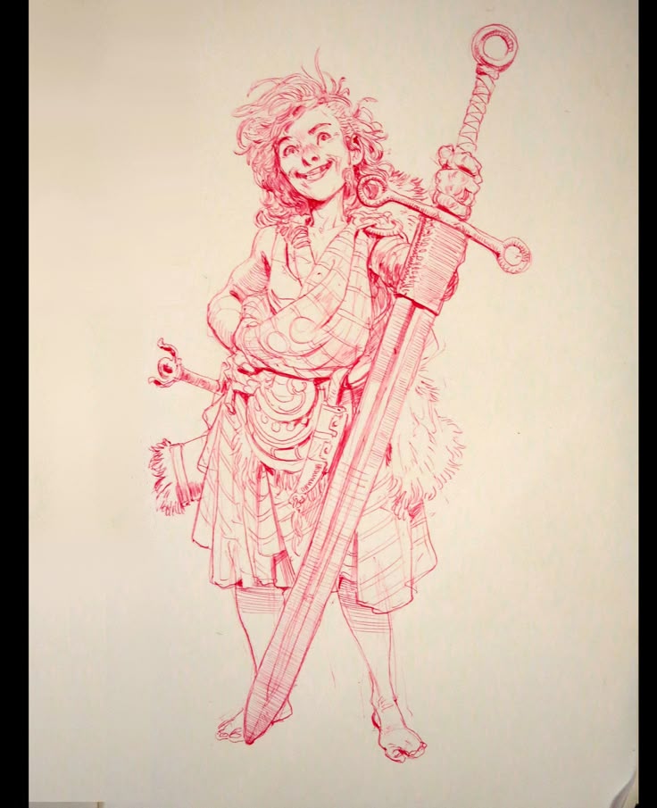 the image is a red ink drawing of a fantasy character. the character is a halfling standing barefoot. they are smiling with a mischievous grin. they are wearing a kilt and have a large sword leaning against their shoulder. the drawing style is whimsical and detailed. the character has curly hair.
