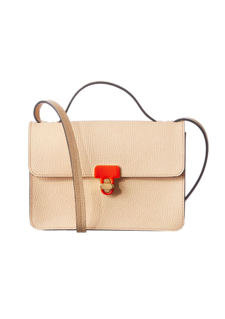 a beige leather purse with a long strap and a small orange lock.