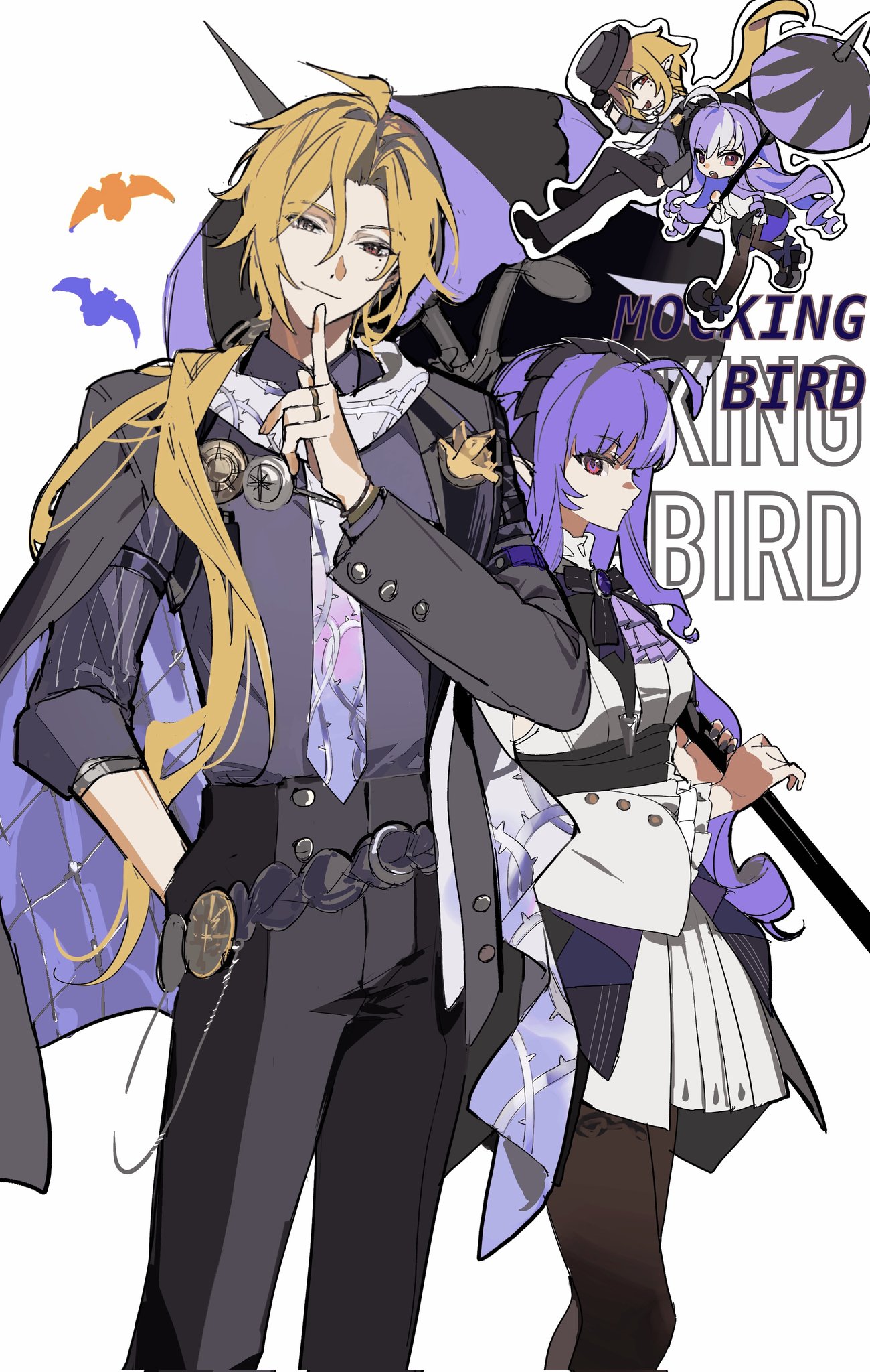 an anime art image featuring two characters, a male with blonde hair and a female with purple hair, both dressed in suits. the male has a tie, pocket watch, and a finger to his lips, while the female holds an umbrella. there are bats in the background, and the words "mocking bird" are written next to the characters. chibi versions of the characters are on top of the umbrella.