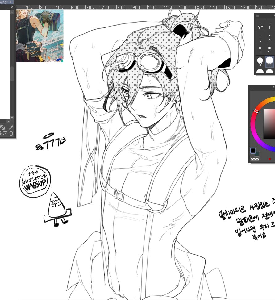 he image shows a digital drawing in progress of a female anime character. she's depicted from the chest up, with her arms raised behind her head, showing a muscular physique and sweat droplets.  she wears goggles and a harnesslike garment. the drawing is in black and white line art style.  there's a color palette and some korean text visible in the image, suggesting the work is being done in a digital art program.  a smaller image of a different character is visible in the upper left corner, which seems to be a reference or related artwork.  the artist has added some personal markings and annotations.