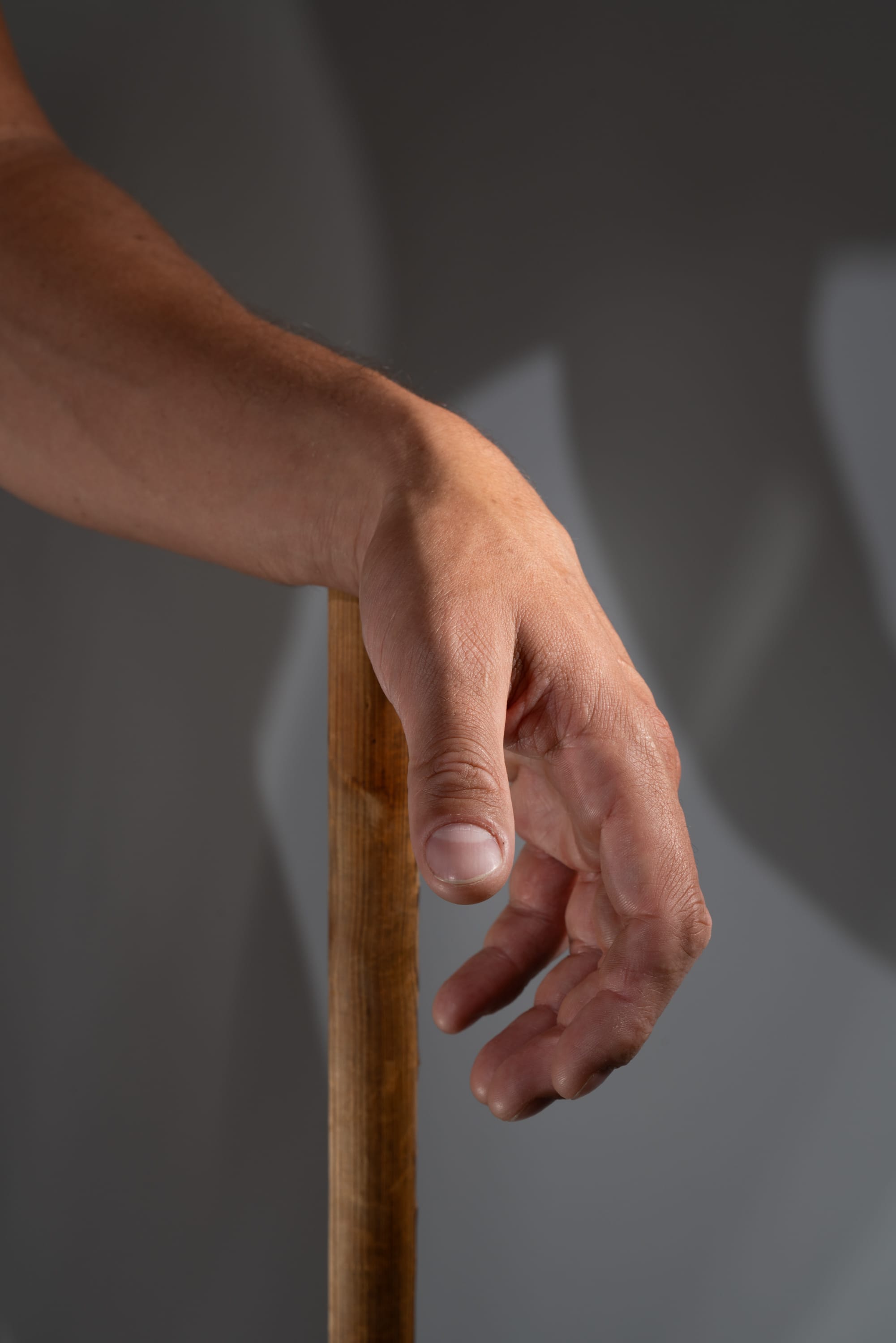 the image shows a man's arm resting on a wooden stick. the lighting is soft and natural, and the perspective is eye level. the background is a neutral gray, and there are subtle shadows cast by the arm and stick.