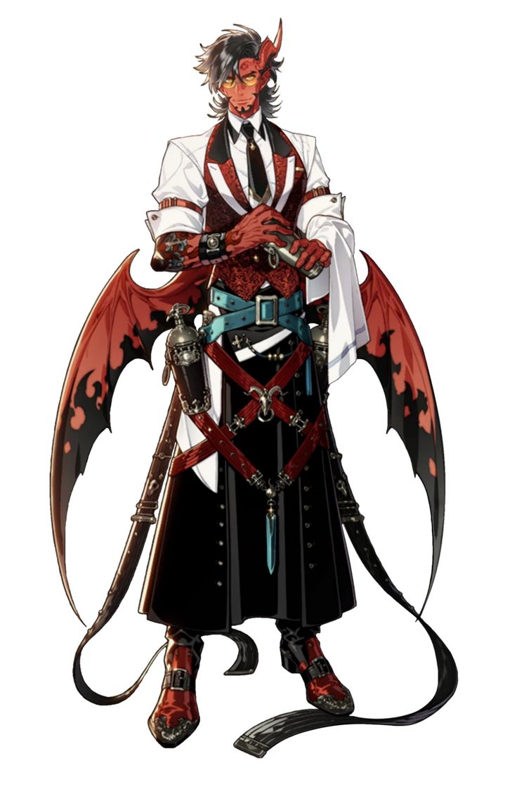 a male demon, in a waiter outfit, standing in front of a white background. he has red skin, black horns, and red wings. his outfit is a white shirt, black vest, black pants, and red boots. he is holding a white cloth in his right hand.  he is holding a cocktail shaker in his left hand. the demon has a serious expression on his face, with a hint of mischief in his eyes. he is surrounded by a swirling, smokelike effect, suggesting that he is about to cast a spell or use some kind of magic.  this illustration is welldetailed and has a very stylistic feel to it. the demon looks very powerful and intimidating.