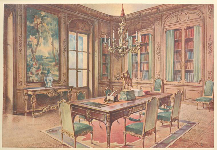 the image shows a richly decorated room, likely a study or library, with ornate furniture. a large desk dominates the center of the room, surrounded by chairs. there's a chandelier hanging from the ceiling and a painting on one wall. bookshelves fill the wall opposite the painting, with windows interspersed between them. a statue is placed on the desk, and a rug covers part of the floor. the room is decorated in a traditional and elegant style.