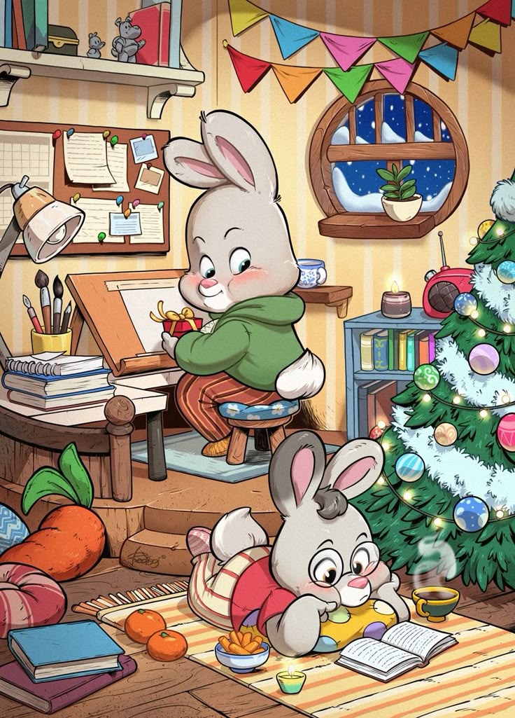 the image is a cartoon drawing of two bunny characters in a cozy room setting. one bunny is sitting at a desk with a drawing board, holding a small present. the other bunny is lying on the floor reading a book, with a cup, a bowl of snacks, and a lit candle nearby. a christmas tree adorned with lights and ornaments stands in the background. other details in the room include a window with a snowy view, a garland hanging overhead, a lamp, a radio, a calendar on the wall, and a shelf with books and decorative items. there's also a carrot on the floor.