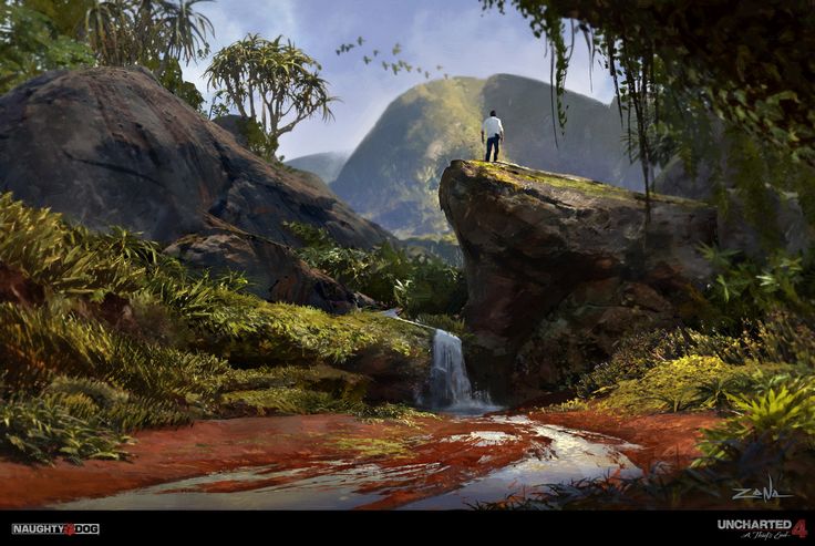 a vibrant landscape features lush jungle vegetation, large rocks, and a waterfall flowing into a stream. in the distance, a man stands on a rocky outcrop overlooking a mountainous vista. the scene is reminiscent of concept art from the video game "uncharted 4: a thief's end", developed by naughty dog.