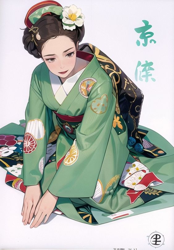 a digital illustration of a young woman in a green kimono. she is sitting on the floor and bowing, her hands outstretched in front of her. the kimono is decorated with floral patterns and a white obi. her hair is styled in a traditional updo with a white flower. the background is a pale green.