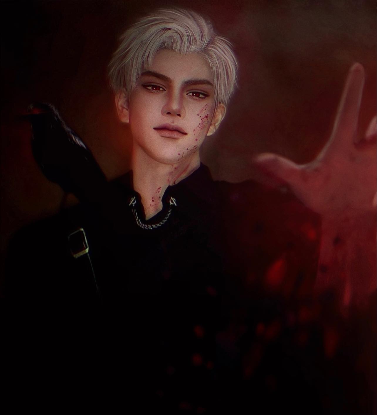 a portrait of a young man with white hair, standing against a dark red background. the man has blood splattered on his face and neck, and he is dressed in black clothing. he looks mysterious and slightly creepy. the background is out of focus, adding to the dramatic effect of the image. the man's expression is unreadable, which adds to his mystery. overall, the image is a good example of gothic art, with dark and eerie themes.