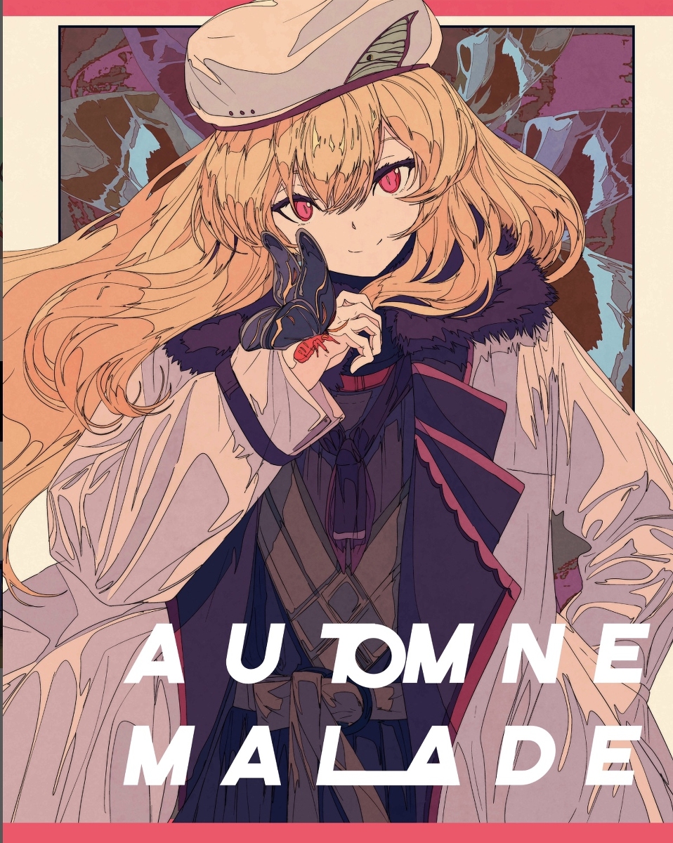 the image is a stylized digital illustration of an animestyle female character. she has long blonde hair, red eyes, and is wearing a white coat over a dark purple outfit, and a lightcolored hat with a dark brim. she holds a dark, butterflylike object in one hand. the overall color palette is soft with pastel and muted tones. the background features indistinct shapes and colors, giving a slightly gothic or fantasy feel. the text "automne malade" (autumn sick/ill in french) is superimposed on the image. the art style blends aspects of vintage and modern aesthetics, leaning towards a somewhat melancholic or mysterious tone.