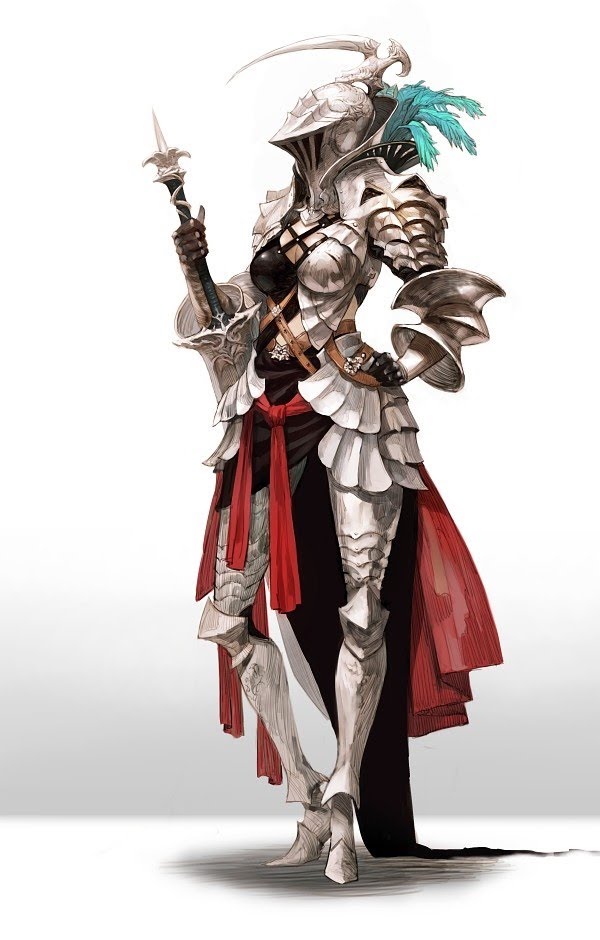 a female knight in full plate armor is depicted in this illustration. she is holding a sword in her right hand, with her left hand resting on her hip. her helmet has a long, curved crest, and she wears a red cape that flows behind her. the illustration is detailed, with every element of the knight's armor carefully depicted.