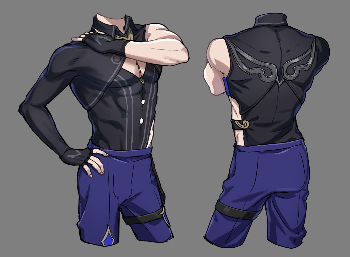 the image showcases a detailed character design, likely from an anime or video game. it presents a male character's outfit from two perspectives: a front view and a back view. the outfit consists of a sleeveless black vest with stylized winglike details on the back, paired with dark blue shorts.  the vest has a partially open front revealing a hint of the character's musculature. the character also wears dark fingerless gloves and a belt.  the art style is clean and stylized, typical of character concept art. the character's head is not shown.