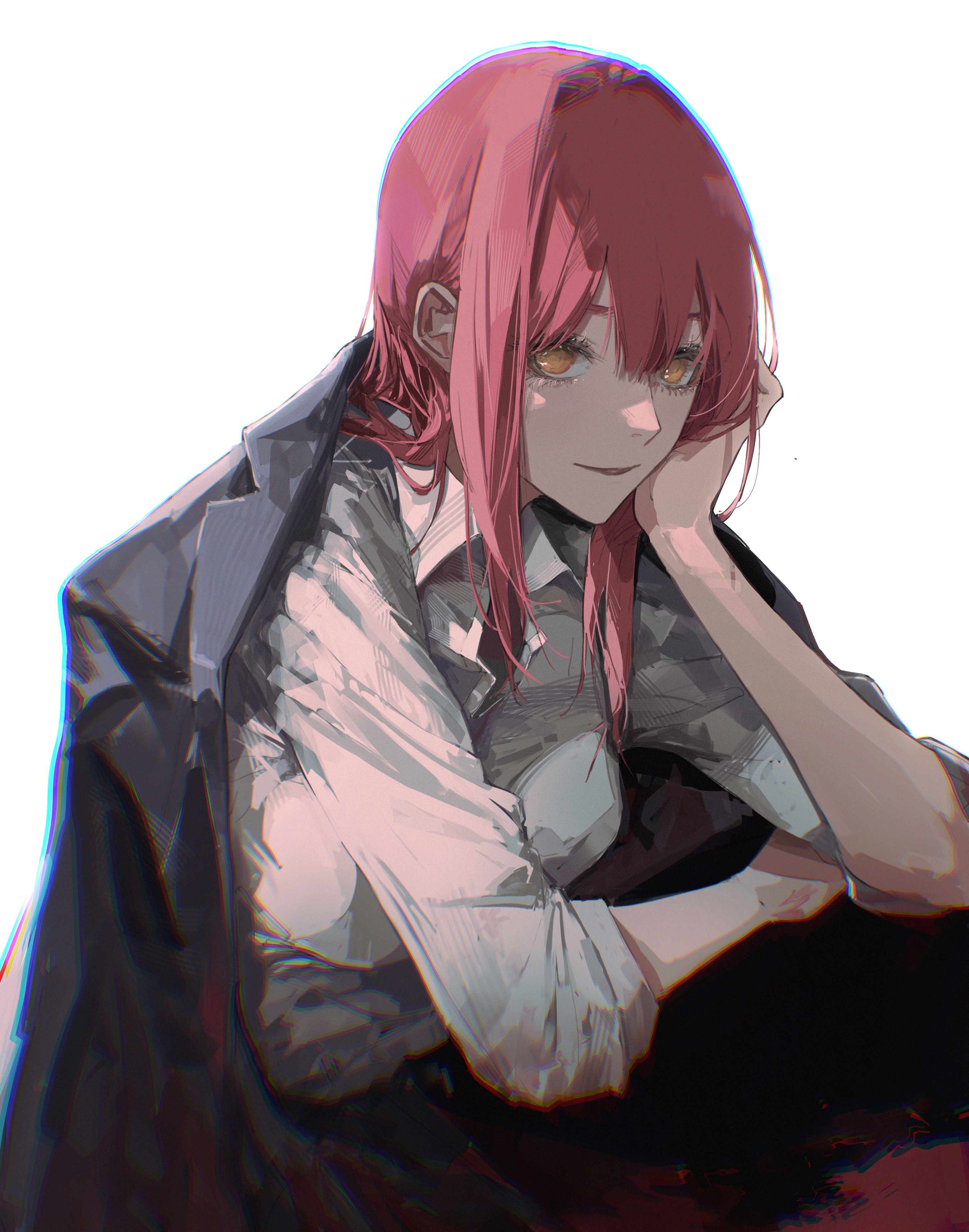 the image is a digital illustration of a young woman with vibrant pink hair. she's wearing a white shirt and a black jacket draped over her shoulders. the woman sits with her chin resting on her hand, her gaze directed towards the viewer with a subtle, thoughtful expression. the background is plain white, allowing the focus to remain solely on the subject. the art style is semirealistic with a slight grunge aesthetic, achieved through the visible brushstrokes and color gradients.