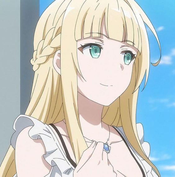 a closeup portrait of an anime girl with long blonde hair and blue eyes. she is smiling and wearing a white dress with a necklace. the background is a blurry blue sky.