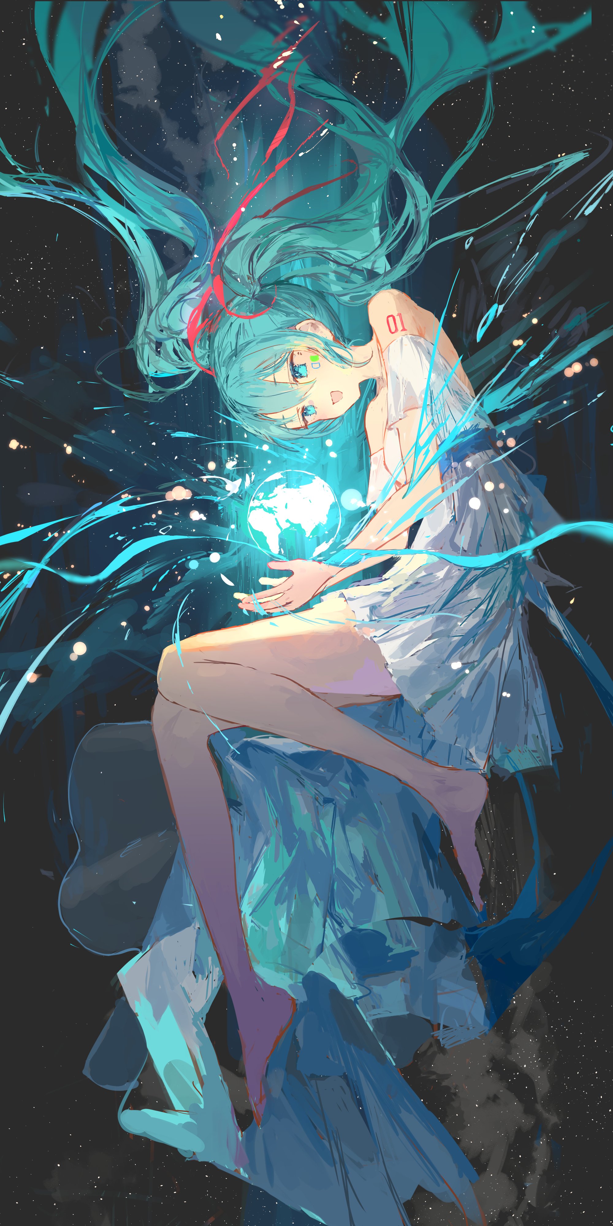 he image is a digital painting of hatsune miku, a popular japanese virtual singer.  she's depicted with her signature long, teal hair flowing around her, appearing to float in space amidst stars and a swirling, glowing blue nebula. she's wearing a flowing white dress and holds a glowing orb that resembles the earth in her hands. the overall style is ethereal and magical, with a soft, painterly quality to the artwork.  the colors are predominantly blues, teals, and whites, creating a calm and dreamy atmosphere.