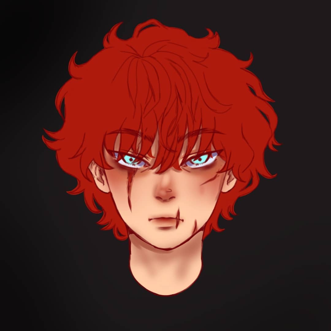 the image is a digital illustration of a young male character, possibly anime or mangainspired. he has vibrant red, curly hair, striking bright blue eyes, and noticeable scars across his face, suggesting a history of conflict or hardship.  his expression is serious and intense, conveying a sense of defiance or anger.  the background is a simple, dark color, drawing focus solely to the character. the art style is smooth, with soft shading and welldefined features. the overall mood is dramatic and slightly mysterious.