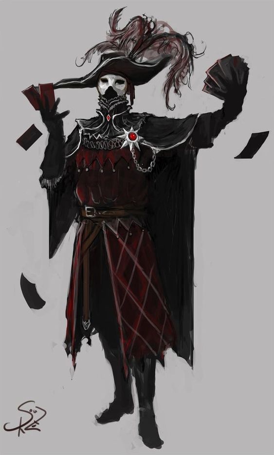 a fulllength character concept illustration presents a male figure clad in an elaborate, jesterinspired attire. he stands poised, his arms outstretched, elegantly manipulating playing cards that flutter around him. the figure dons a dark ensemble, accented with deep red fabric, and a widebrimmed hat adorned with dramatic, dark feathers. a white mask conceals his features, adding an air of mystery and intrigue.