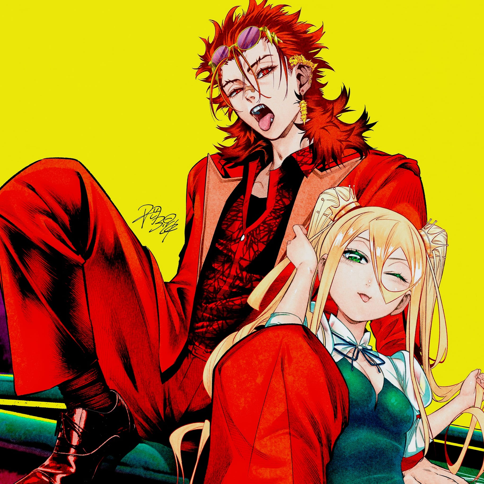 the image is an illustration of an anime couple. the man is on the left, wearing a red suit, a red and black shirt, sunglasses and red hair. he's looking towards the viewer with a smirk and his tongue sticking out. he's sitting and looking at the viewer, his legs crossed. the woman is on the right, wearing a red and green outfit with a green top and a red skirt. she's sitting with her legs crossed and looking towards the viewer. she is wearing a green shirt with a red collar and a red skirt. she has blonde hair and wears an eye patch. she is looking at the viewer with a playful expression, with a winking eye. they are both sitting on a green bench in front of a yellow background. the overall style of the image is colorful and playful. it looks like an illustration from a manga or anime. the scene appears to be romantic or friendly, with the couple looking happy and playful. the background is bright yellow, which enhances the vibrant colors of the characters and their clothing.