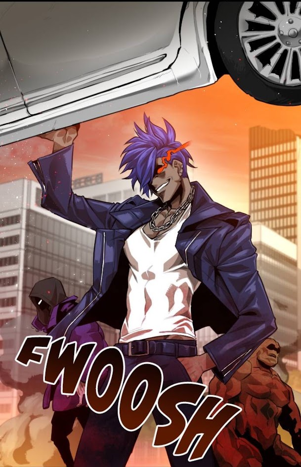 the image features a powerful anime/manga character with blue hair, red eyes, wearing a white tank top and a blue jacket, standing in a city setting. he is holding a car up in the air with his bare hands, looking cool and confident. the scene is filled with action and energy, suggesting that he is a superhero or martial artist. the other characters in the background appear to be in awe of his power. the image has a very dynamic and exciting composition, with the character taking up most of the space and the car adding a sense of scale and danger. the background city setting adds to the overall atmosphere of action and tension.