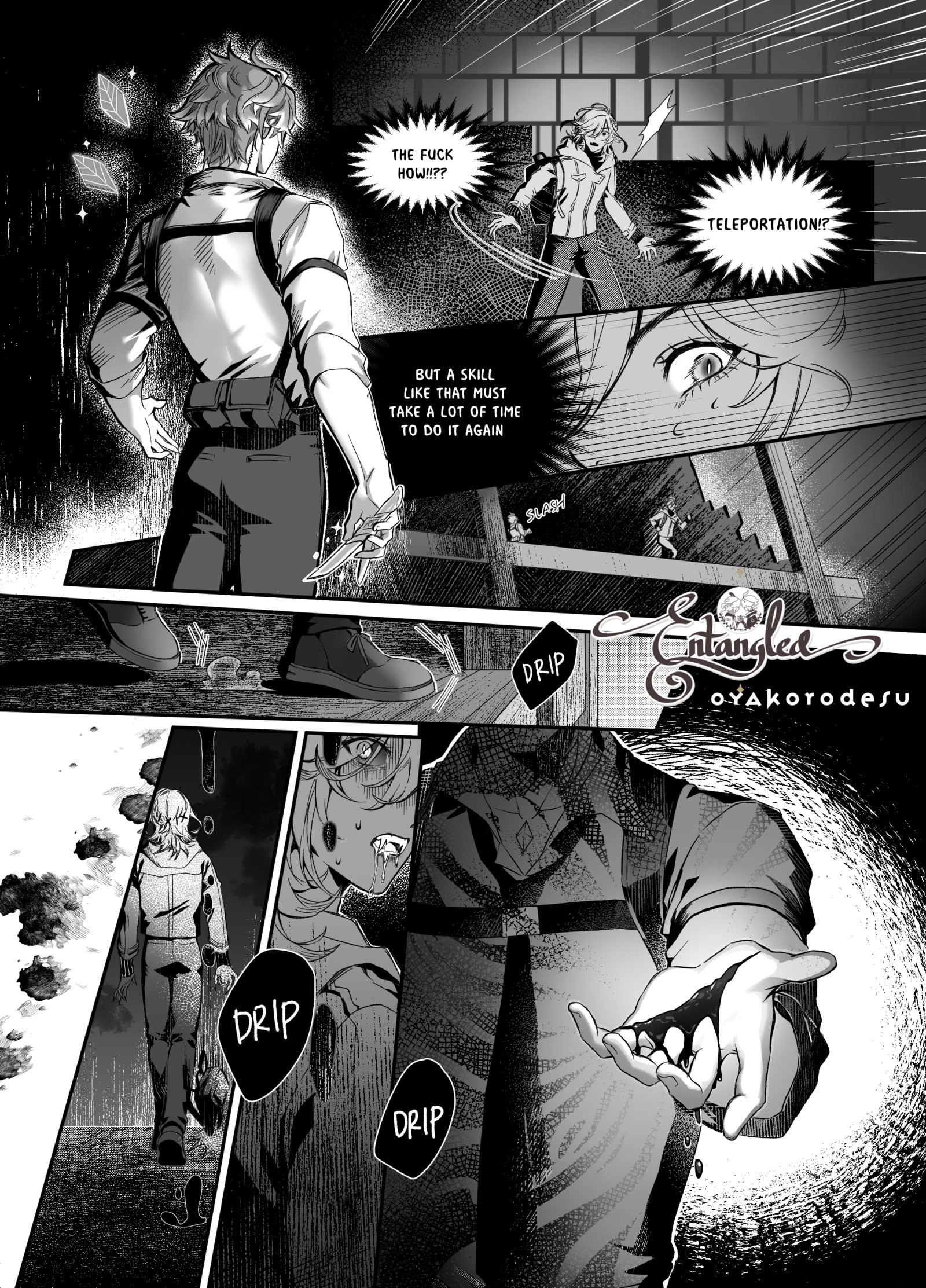 the image is a black and white manga panel showing a character with a concerned expression. the character is being pursued by a shadowy figure and is trying to defend themself. the background shows the character previously using a powerful skill and the words "teleportation" and "but a skill like that must take a lot of time to do it again" are written as thought bubbles from the character. the bottom portion of the panel shows a close up of the pursuing character's hand dripping blood.