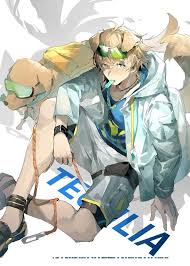 an animestyle illustration of a young man with dog ears and goggles, accompanied by a dog wearing matching goggles. the man is dressed in a hoodie and shorts, holding a leash. the word "tequila" is written in large blue letters.
