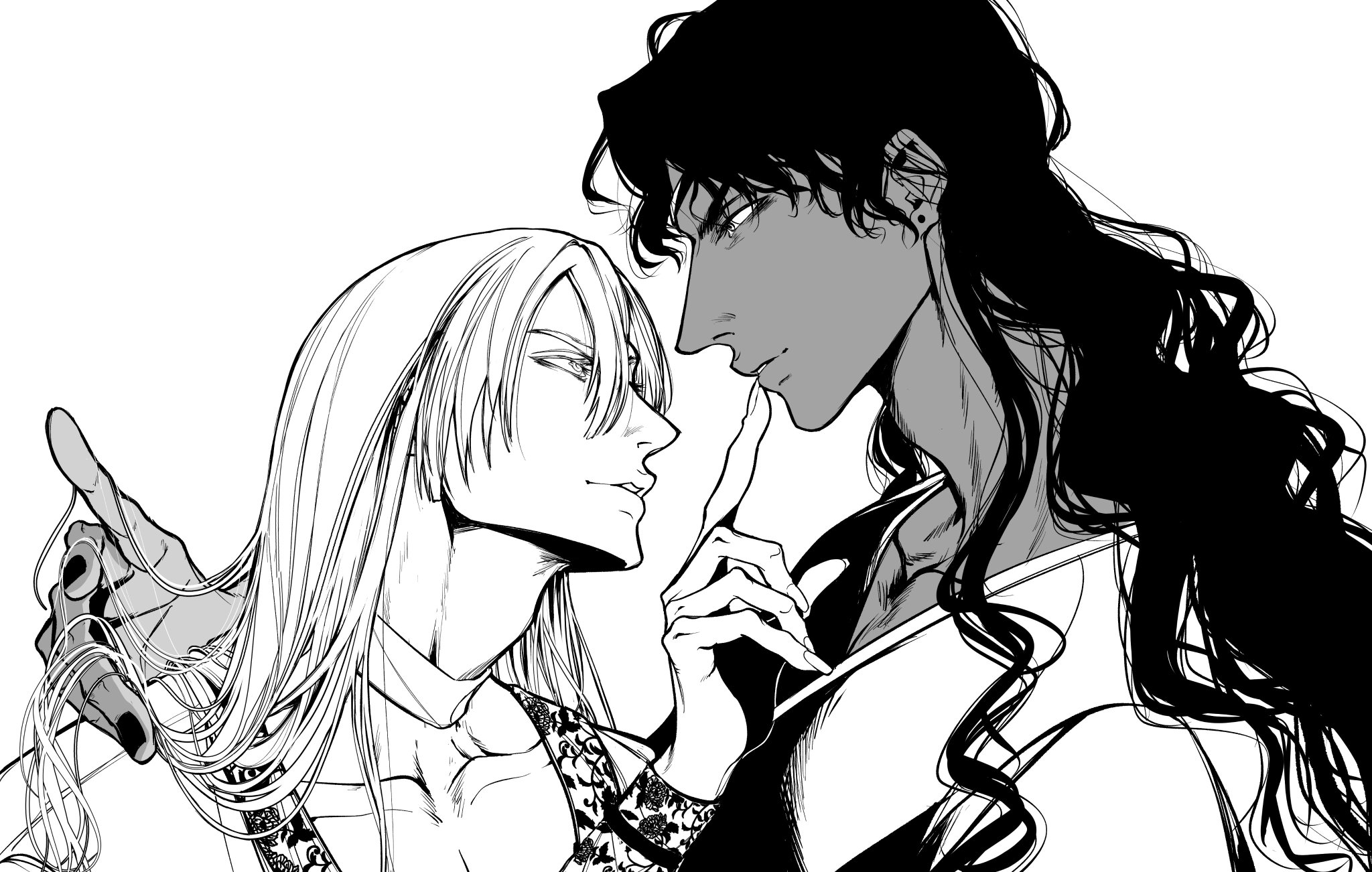 a black and white illustration of two men looking at each other with affectionate expressions. the man on the left is blond and