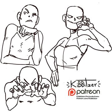 a digital illustration showing three people in various poses, sketched in black and white.  the people are all in various stages of thought, looking downward, and some have their arms raised.  the art style is cartoonish with a lot of emphasis on line work.  the illustration is meant to be used as reference for drawing people in various poses.
