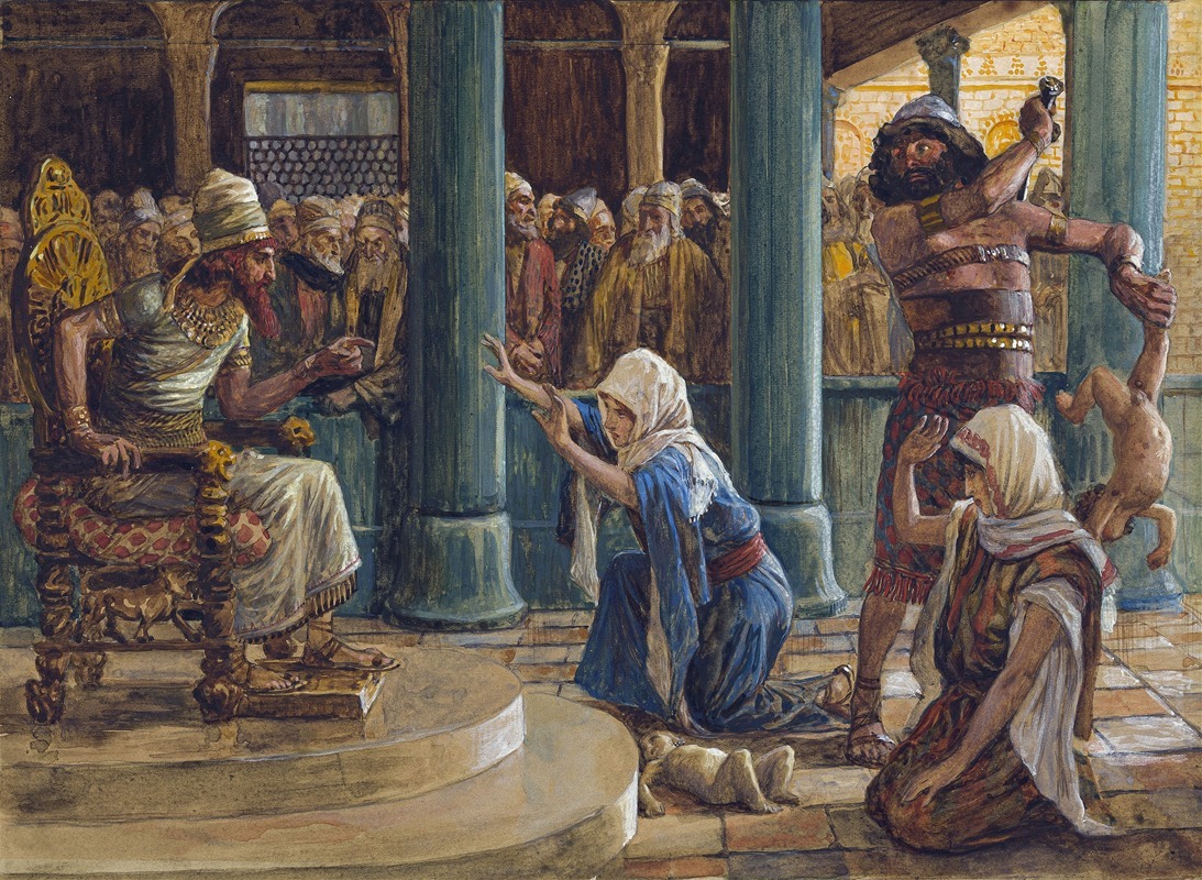 the image depicts the judgment of solomon, a biblical scene where king solomon, seated on an ornate throne, is approached by two women kneeling before him. one woman, dressed in blue and white, pleads with outstretched hands. the other, in brown and white, kneels with her head bowed. behind them stands a muscular man holding a sword high above his head, ready to strike a baby he holds upside down by its ankles. a crowd of courtiers and onlookers are gathered in the background. the scene is set indoors, with architectural details such as columns and a tiled floor.