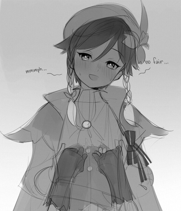 a black and white sketch of a young girl with a beret and braid, blushing and looking flustered. she's wearing a coat with a feather accent and holding her hands together in front of her chest.  the words "mmmph..." and "no fair..." are written next to her.