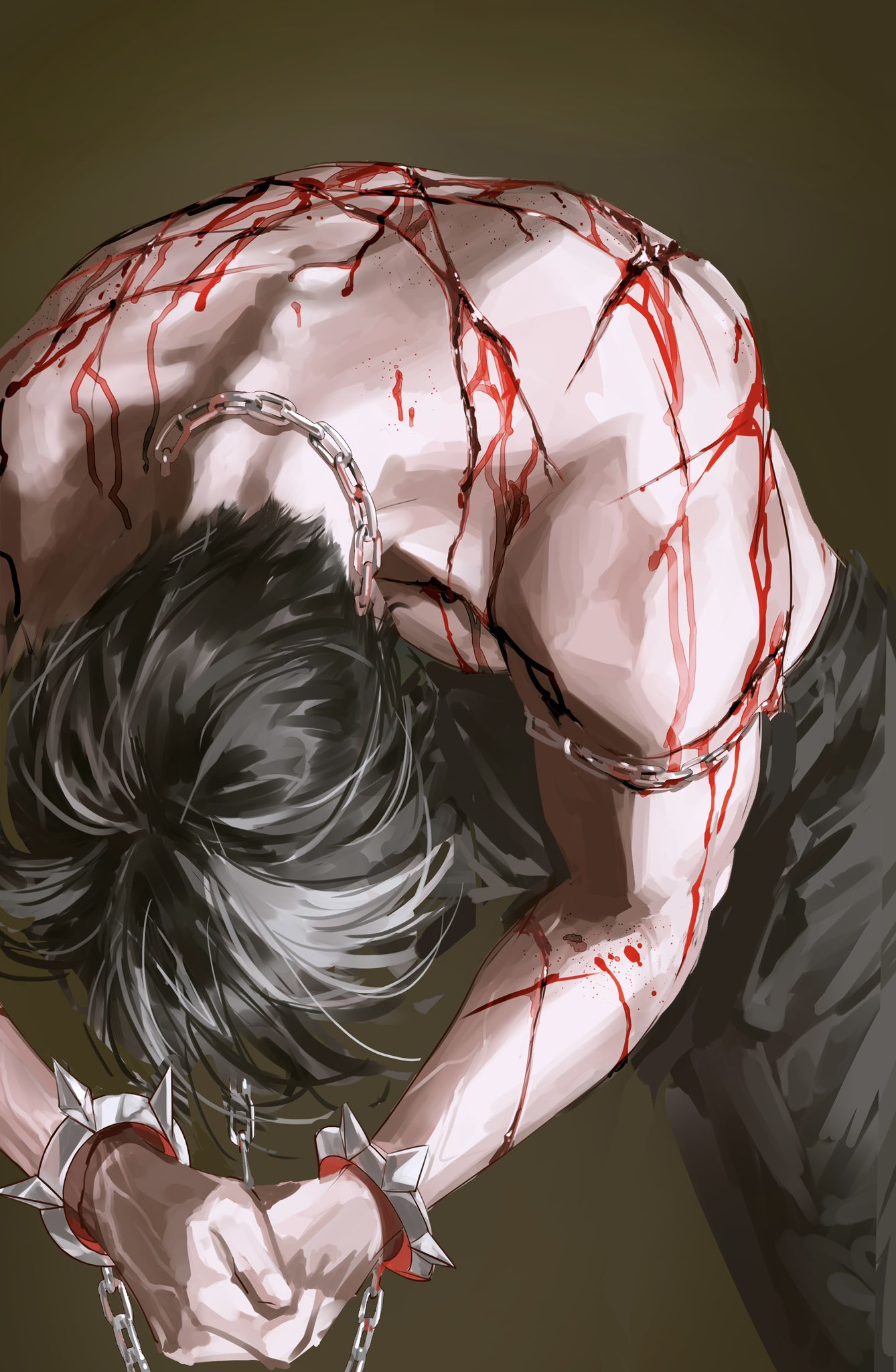 the image depicts a young anime male figure bound with heavy chains. the figure is lying on his stomach, his arms bound behind him, his face obscured by his long black hair. he is covered in blood and the chains are deeply embedded in his flesh, creating an image of agony and suffering.  the figure is likely being tortured or punished.