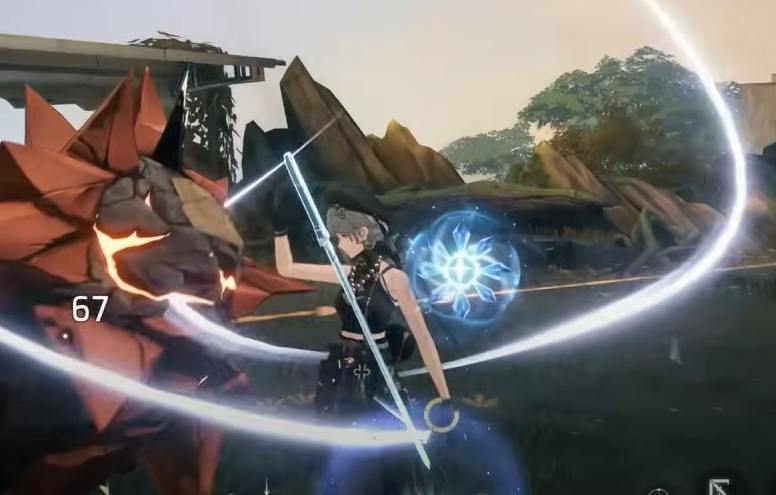 the image depicts a video game scene where a silverhaired female character wielding a glowing sword is engaged in combat with a large, red, monstrous creature.  the scene takes place amidst ruins with rocky terrain and scattered trees. the lighting is bright and natural, suggesting a daytime setting. the perspective is from a thirdperson view, positioning the viewer behind the female character as she prepares to strike.