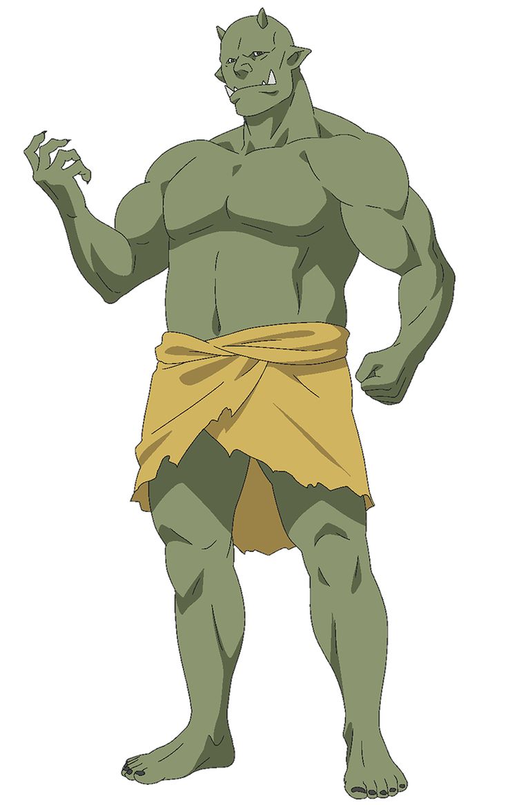 this image features a green skinned orc, from a fantasy setting, standing on a white background. the orc is very muscular and appears to be male. he has horns on his head, claws on his hands, and wears a simple loincloth. he stands with his left arm and hand outstretched in an intimidating manner.