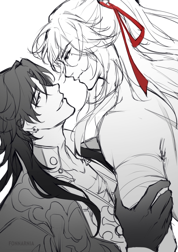 this is a black and white sketch of two animestyle men embracing. one has white hair and is wearing a red
