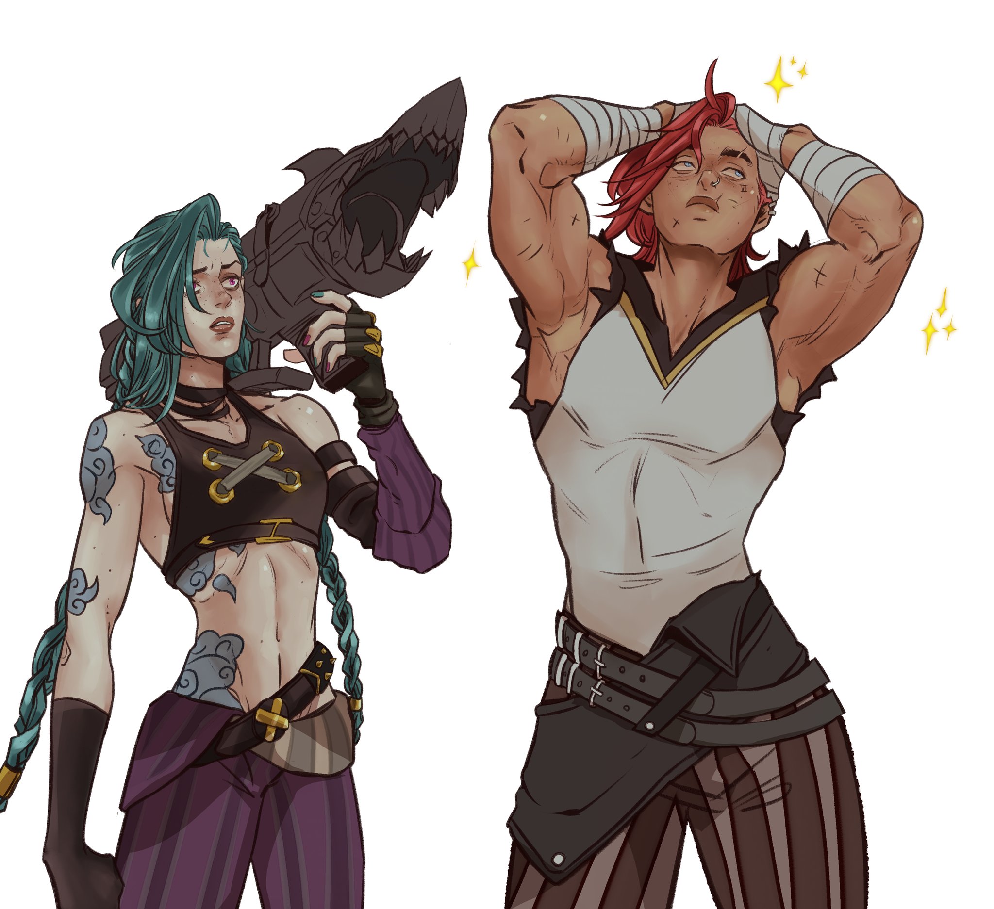 the image shows a cartoonstyle drawing of two muscular female characters, jinx and vi from the show arcane, which is based on the game league of legends. jinx, with blue braided hair, is holding a large gun and has tattoos on her arms and stomach. vi, with red hair and bandages on her hands, is standing with her hands on her head, posing with flexing muscles.