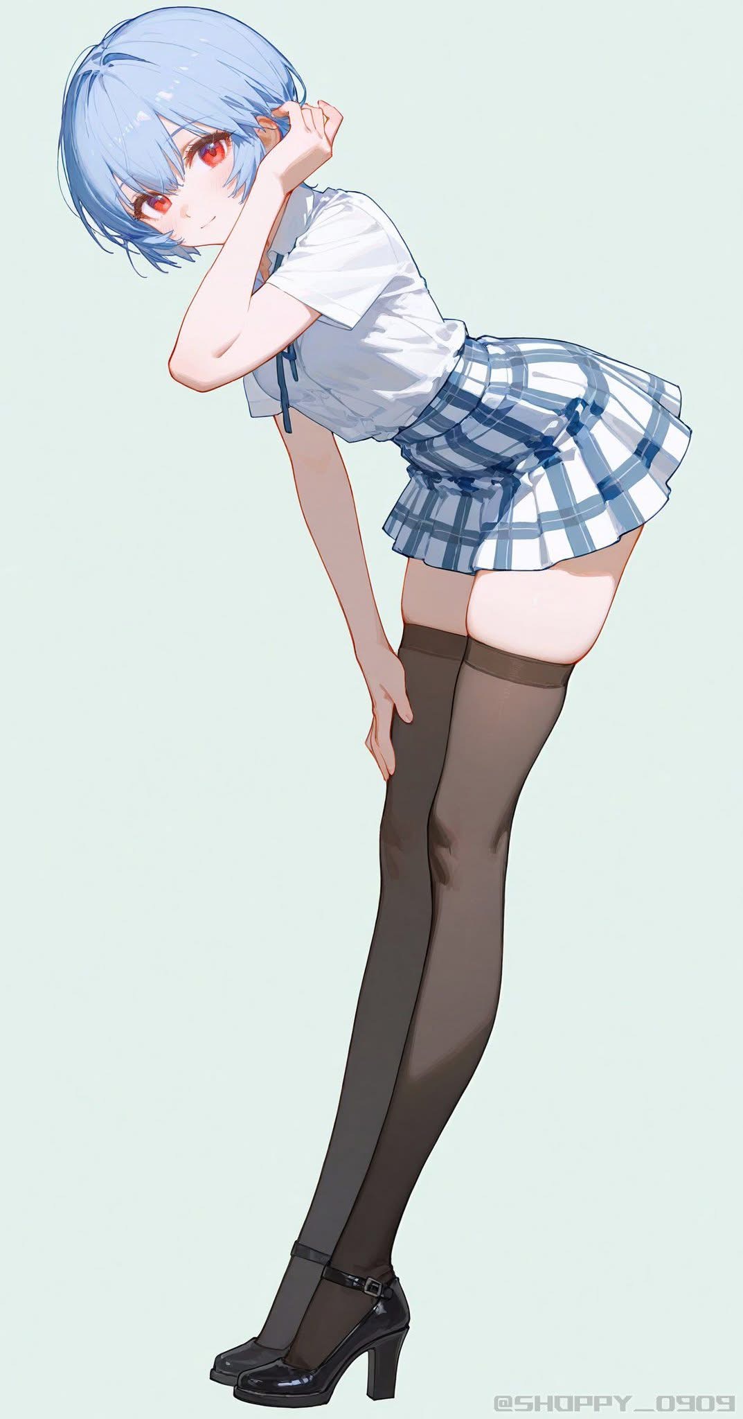 an animestyle full body portrait of rei ayanami, posed with one hand slightly behind her. she has short blue hair, red eyes, and is wearing a school uniform consisting of a white shirt and a blue and white plaid skirt. she also is wearing dark stockings and black mary janestyle high heels.