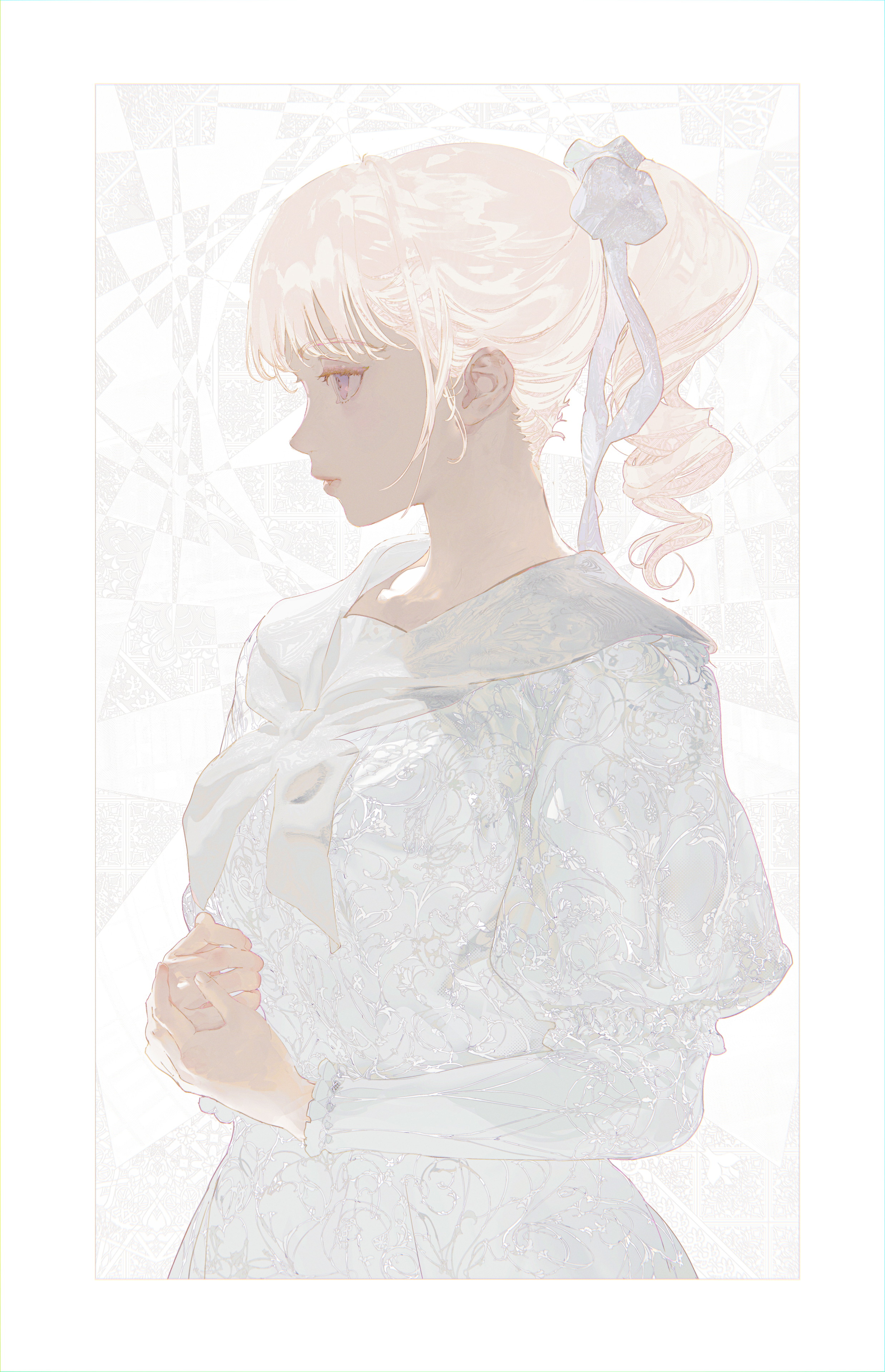 he image is a digital illustration of an animestyle girl. she has long, light blonde hair tied in a ponytail with a light blue ribbon. she is wearing a beautiful, long, white lace dress with sailorstyle collar. the dress has a delicate and ethereal quality. the girl's pose is serene and peaceful, with her hands clasped together in front of her. the overall style of the artwork is soft and dreamy, with pastel colors and a light, airy atmosphere. the background is a soft white, allowing the girl and her dress to be the clear focus of the illustration. the style suggests a delicate and elegant aesthetic.