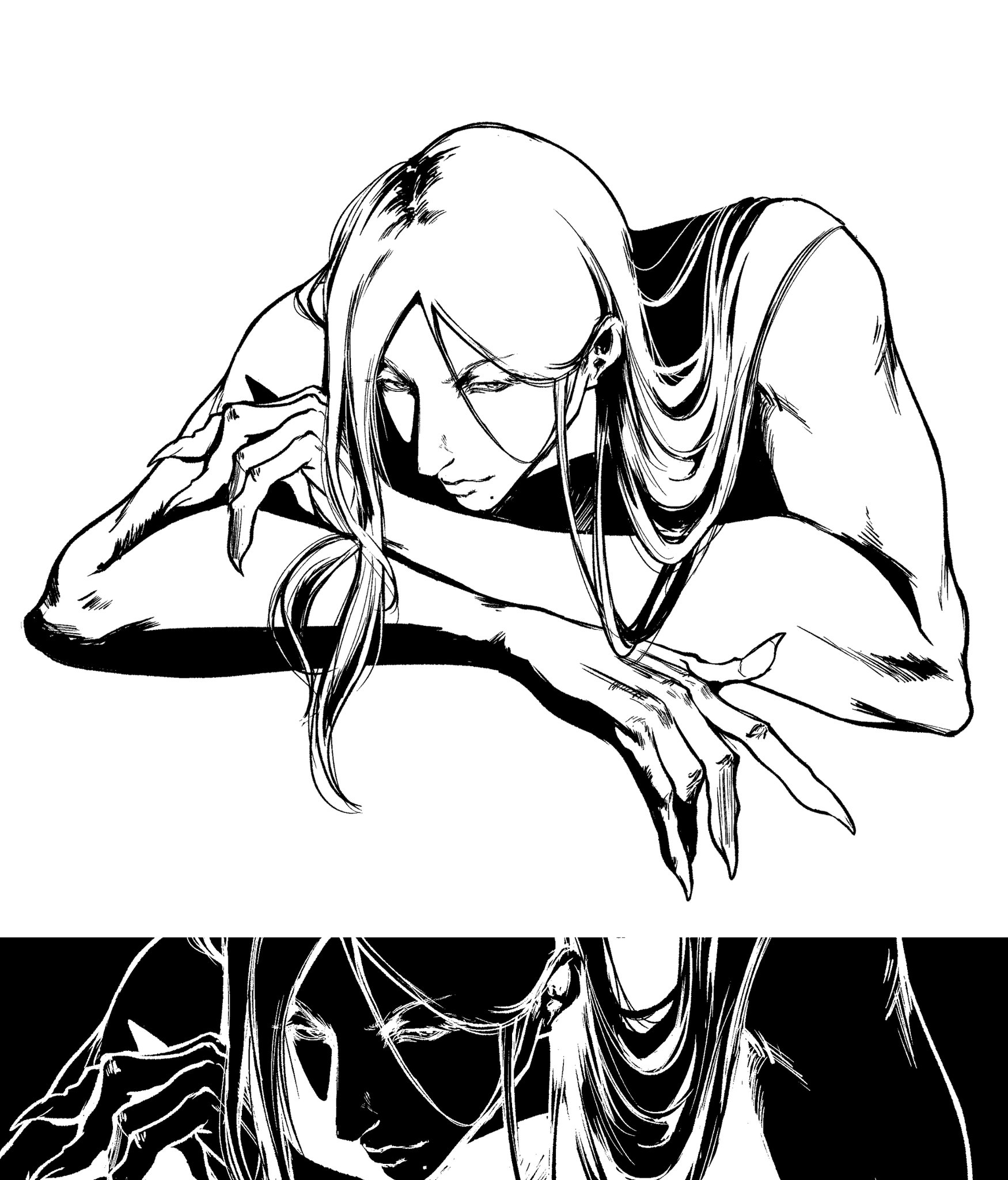 a black and white illustration of a woman with long flowing hair. she is depicted in a dramatic pose, with her head resting on her arms and her face looking down. the woman is drawn with a detailed and expressive style, conveying a sense of emotion and melancholy. the lighting is dramatic, with strong shadows and highlights, adding to the mood of the image.