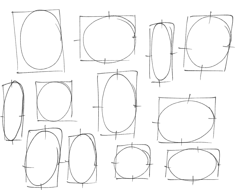 he image contains a collection of handdrawn sketches.  these sketches depict various ovals and circles, many of which are enclosed within squares or rectangles. the lines are irregular and have a freehand quality, suggesting a quick, informal drawing style. the shapes are arranged somewhat randomly across the page, creating a visually interesting, abstract composition. the overall style is simple, yet effective in showing a possible design element.